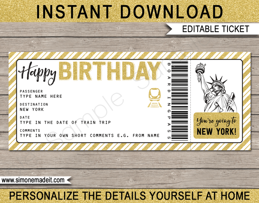 Gold Printable Surprise New York Train Trip Ticket template | NYC Trip Reveal | Boarding Pass | DIY Editable Template | INSTANT DOWNLOAD via giftsbysimonemadeit.com