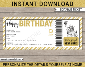 Gold Printable Surprise New York Train Trip Ticket template | NYC Trip Reveal | Boarding Pass | DIY Editable Template | INSTANT DOWNLOAD via giftsbysimonemadeit.com