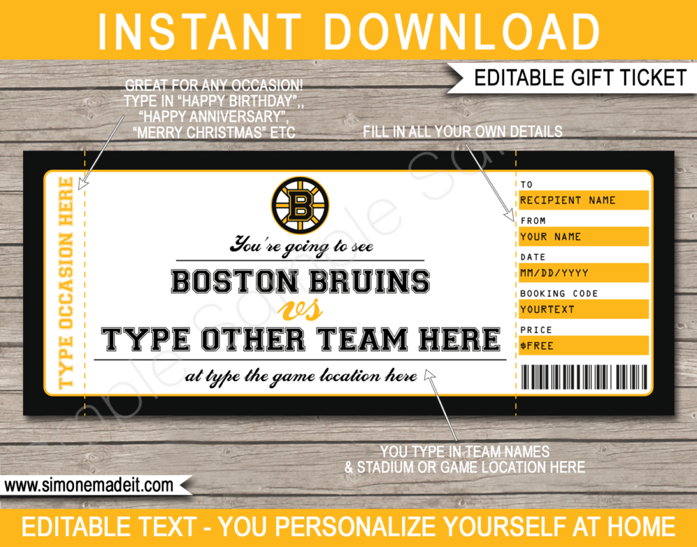 Printable Boston Bruins Game Ticket Gift Voucher Template | Printable Surprise NHL Hockey Tickets | Editable Text | Gift Certificate | Birthday, Christmas, Anniversary, Retirement, Graduation, Mother's Day, Father's Day, Congratulations, Valentine's Day | INSTANT DOWNLOAD via giftsbysimonemadeit.com