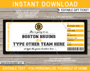 Printable Boston Bruins Game Ticket Gift Voucher Template | Printable Surprise NHL Hockey Tickets | Editable Text | Gift Certificate | Birthday, Christmas, Anniversary, Retirement, Graduation, Mother's Day, Father's Day, Congratulations, Valentine's Day | INSTANT DOWNLOAD via giftsbysimonemadeit.com