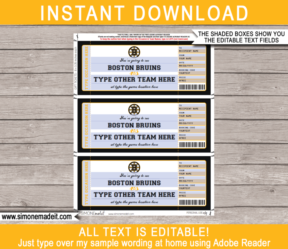 Printable Boston Bruins Game Ticket Gift Voucher Template | Printable Surprise NHL Hockey Tickets | Editable Text | Gift Certificate | Birthday, Christmas, Anniversary, Retirement, Graduation, Mother's Day, Father's Day, Congratulations, Valentine's Day | INSTANT DOWNLOAD via giftsbysimonemadeit.com