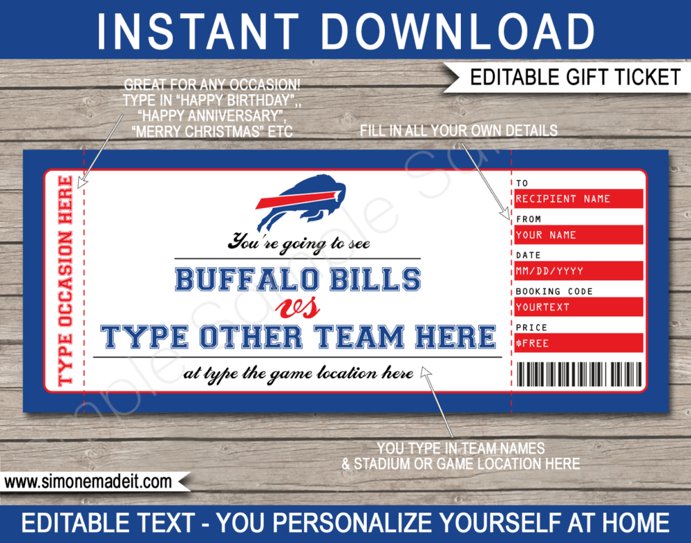Printable Buffalo Bills Game Ticket Gift Voucher Template | Surprise tickets to a Buffalo Bills Football Game | Editable Text | Gift Certificate | Birthday, Christmas, Anniversary, Retirement, Graduation, Mother's Day, Father's Day, Congratulations, Valentine's Day | INSTANT DOWNLOAD via giftsbysimonemadeit.com