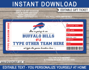 Printable Buffalo Bills Game Ticket Gift Voucher Template | Surprise tickets to a Buffalo Bills Football Game | Editable Text | Gift Certificate | Birthday, Christmas, Anniversary, Retirement, Graduation, Mother's Day, Father's Day, Congratulations, Valentine's Day | INSTANT DOWNLOAD via giftsbysimonemadeit.com