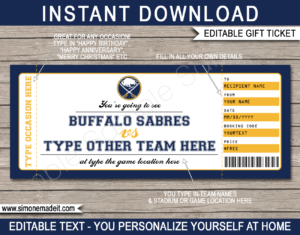 Printable Buffalo Sabres Game Ticket Gift Voucher Template | Printable Surprise NHL Hockey Tickets | Editable Text | Gift Certificate | Birthday, Christmas, Anniversary, Retirement, Graduation, Mother's Day, Father's Day, Congratulations, Valentine's Day | INSTANT DOWNLOAD via giftsbysimonemadeit.com