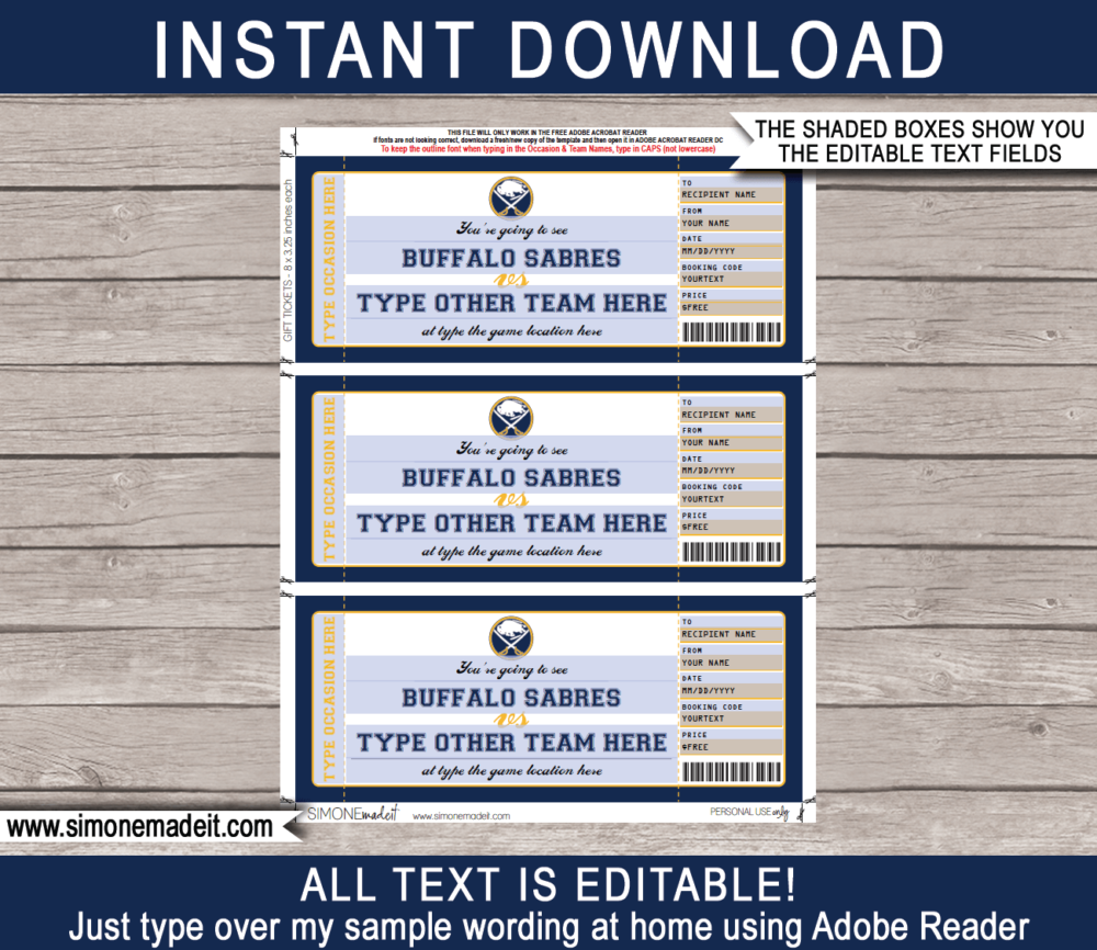 Printable Buffalo Sabres Game Ticket Gift Voucher Template | Printable Surprise NHL Hockey Tickets | Editable Text | Gift Certificate | Birthday, Christmas, Anniversary, Retirement, Graduation, Mother's Day, Father's Day, Congratulations, Valentine's Day | INSTANT DOWNLOAD via giftsbysimonemadeit.com