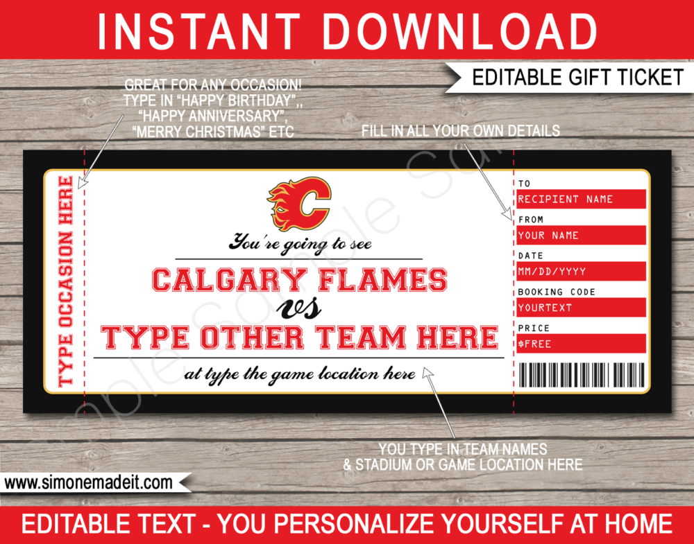 Printable Calgary Flames Game Ticket Gift Voucher Template | Printable Surprise NHL Hockey Tickets | Editable Text | Gift Certificate | Birthday, Christmas, Anniversary, Retirement, Graduation, Mother's Day, Father's Day, Congratulations, Valentine's Day | INSTANT DOWNLOAD via giftsbysimonemadeit.com