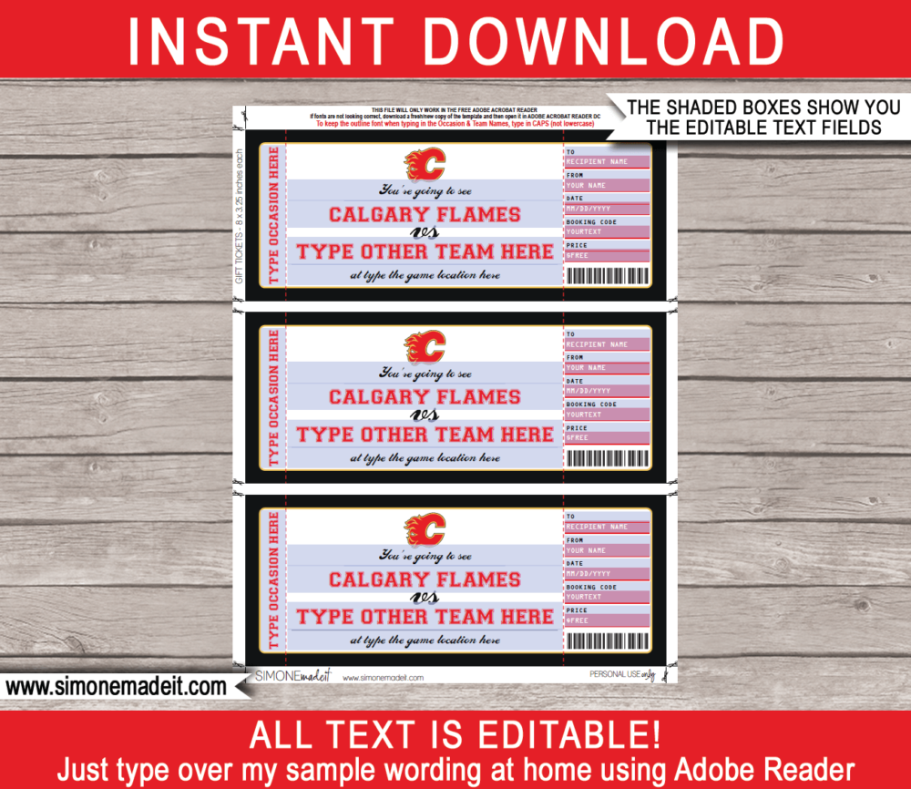 Printable Calgary Flames Game Ticket Gift Voucher Template | Printable Surprise NHL Hockey Tickets | Editable Text | Gift Certificate | Birthday, Christmas, Anniversary, Retirement, Graduation, Mother's Day, Father's Day, Congratulations, Valentine's Day | INSTANT DOWNLOAD via giftsbysimonemadeit.com