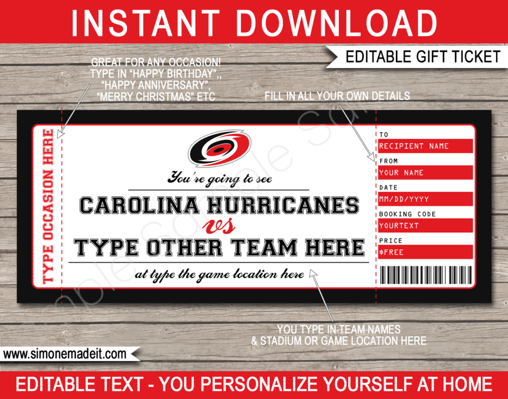 Printable Carolina Hurricanes Game Ticket Gift Voucher Template | Printable Surprise NHL Hockey Tickets | Editable Text | Gift Certificate | Birthday, Christmas, Anniversary, Retirement, Graduation, Mother's Day, Father's Day, Congratulations, Valentine's Day | INSTANT DOWNLOAD via giftsbysimonemadeit.com