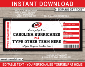 Printable Carolina Hurricanes Game Ticket Gift Voucher Template | Printable Surprise NHL Hockey Tickets | Editable Text | Gift Certificate | Birthday, Christmas, Anniversary, Retirement, Graduation, Mother's Day, Father's Day, Congratulations, Valentine's Day | INSTANT DOWNLOAD via giftsbysimonemadeit.com