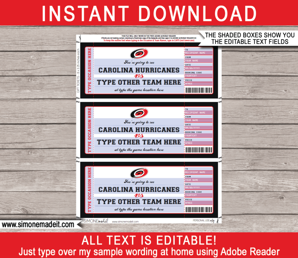 Printable Carolina Hurricanes Game Ticket Gift Voucher Template | Printable Surprise NHL Hockey Tickets | Editable Text | Gift Certificate | Birthday, Christmas, Anniversary, Retirement, Graduation, Mother's Day, Father's Day, Congratulations, Valentine's Day | INSTANT DOWNLOAD via giftsbysimonemadeit.com