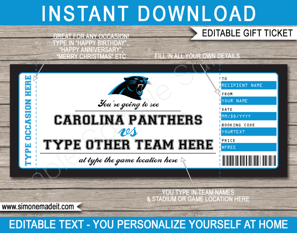 Printable Carolina Panthers Game Ticket Gift Voucher Template | Surprise tickets to a Carolina Panthers Football Game | Editable Text | Gift Certificate | Birthday, Christmas, Anniversary, Retirement, Graduation, Mother's Day, Father's Day, Congratulations, Valentine's Day | INSTANT DOWNLOAD via giftsbysimonemadeit.com
