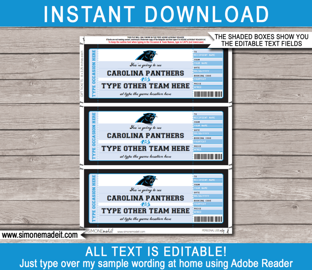 Printable Carolina Panthers Game Ticket Gift Voucher Template | Surprise tickets to a Carolina Panthers Football Game | Editable Text | Gift Certificate | Birthday, Christmas, Anniversary, Retirement, Graduation, Mother's Day, Father's Day, Congratulations, Valentine's Day | INSTANT DOWNLOAD via giftsbysimonemadeit.com