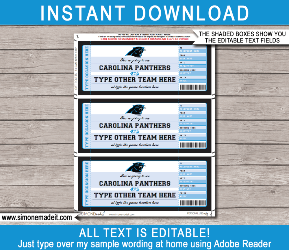 Carolina Panthers Game Ticket Gift Voucher Printable Surprise