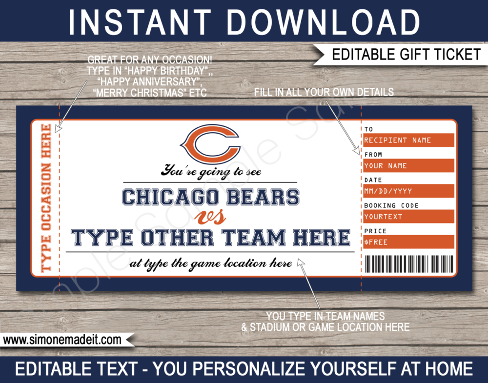 Printable Chicago Bears Game Ticket Gift Voucher Template | Surprise tickets to a Chicago Bears Football Game | Editable Text | Gift Certificate | Birthday, Christmas, Anniversary, Retirement, Graduation, Mother's Day, Father's Day, Congratulations, Valentine's Day | INSTANT DOWNLOAD via giftsbysimonemadeit.com