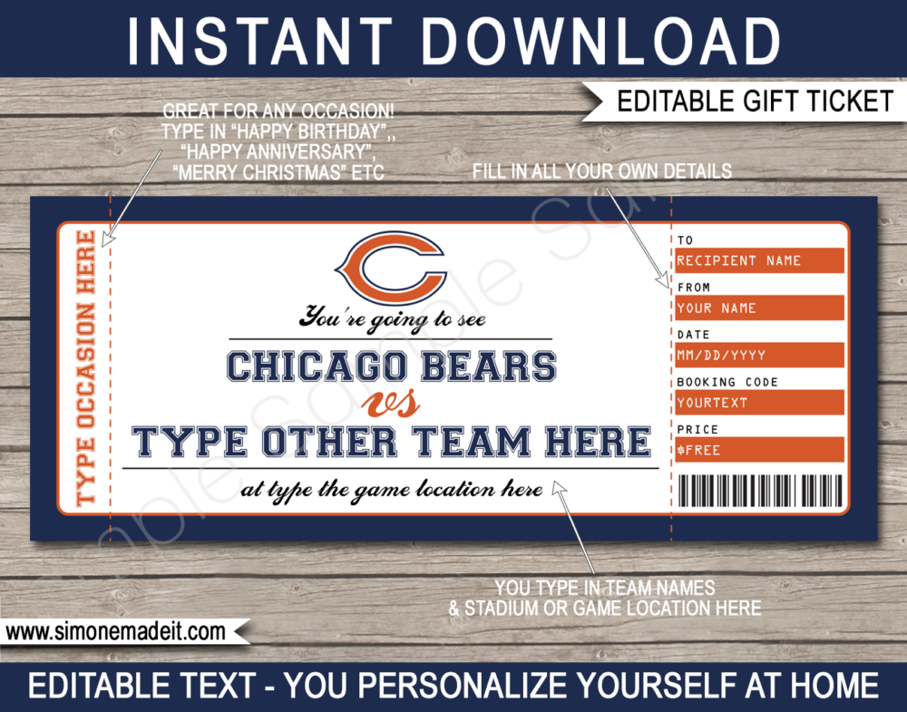 Chicago Bears Game Ticket Gift Voucher Printable Surprise Football