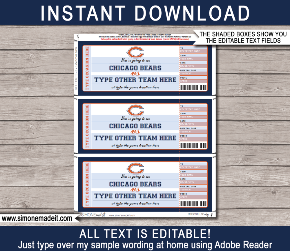 Printable Chicago Bears Game Ticket Gift Voucher Template | Surprise tickets to a Chicago Bears Football Game | Editable Text | Gift Certificate | Birthday, Christmas, Anniversary, Retirement, Graduation, Mother's Day, Father's Day, Congratulations, Valentine's Day | INSTANT DOWNLOAD via giftsbysimonemadeit.com