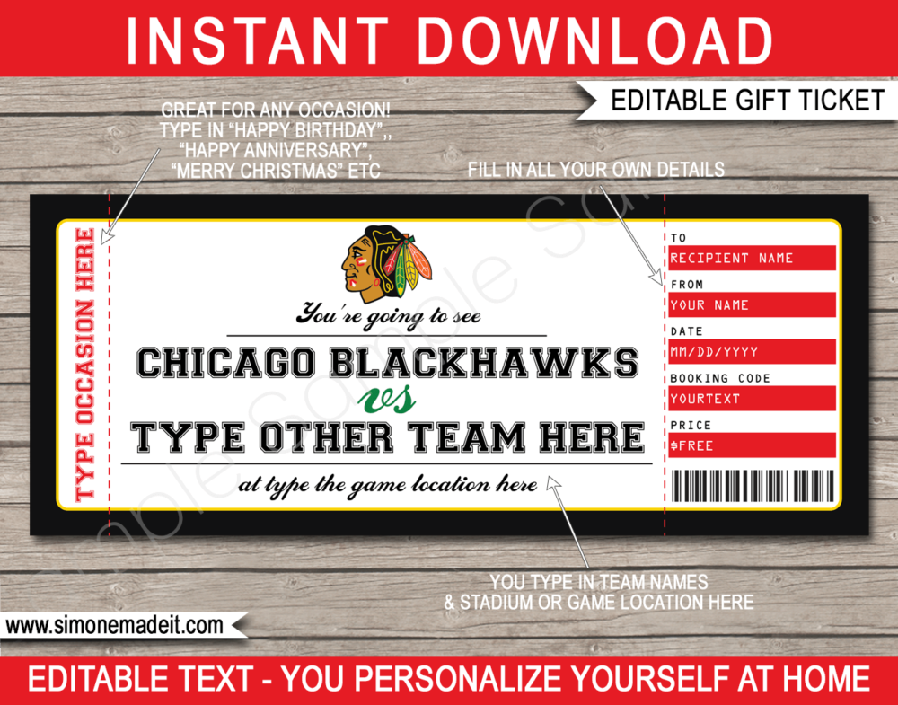 Chicago Blackhawks Game Ticket Gift Voucher Printable Surprise Hockey