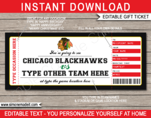 Printable Chicago Blackhawks Game Ticket Gift Voucher Template | Printable Surprise NHL Hockey Tickets | Editable Text | Gift Certificate | Birthday, Christmas, Anniversary, Retirement, Graduation, Mother's Day, Father's Day, Congratulations, Valentine's Day | INSTANT DOWNLOAD via giftsbysimonemadeit.com