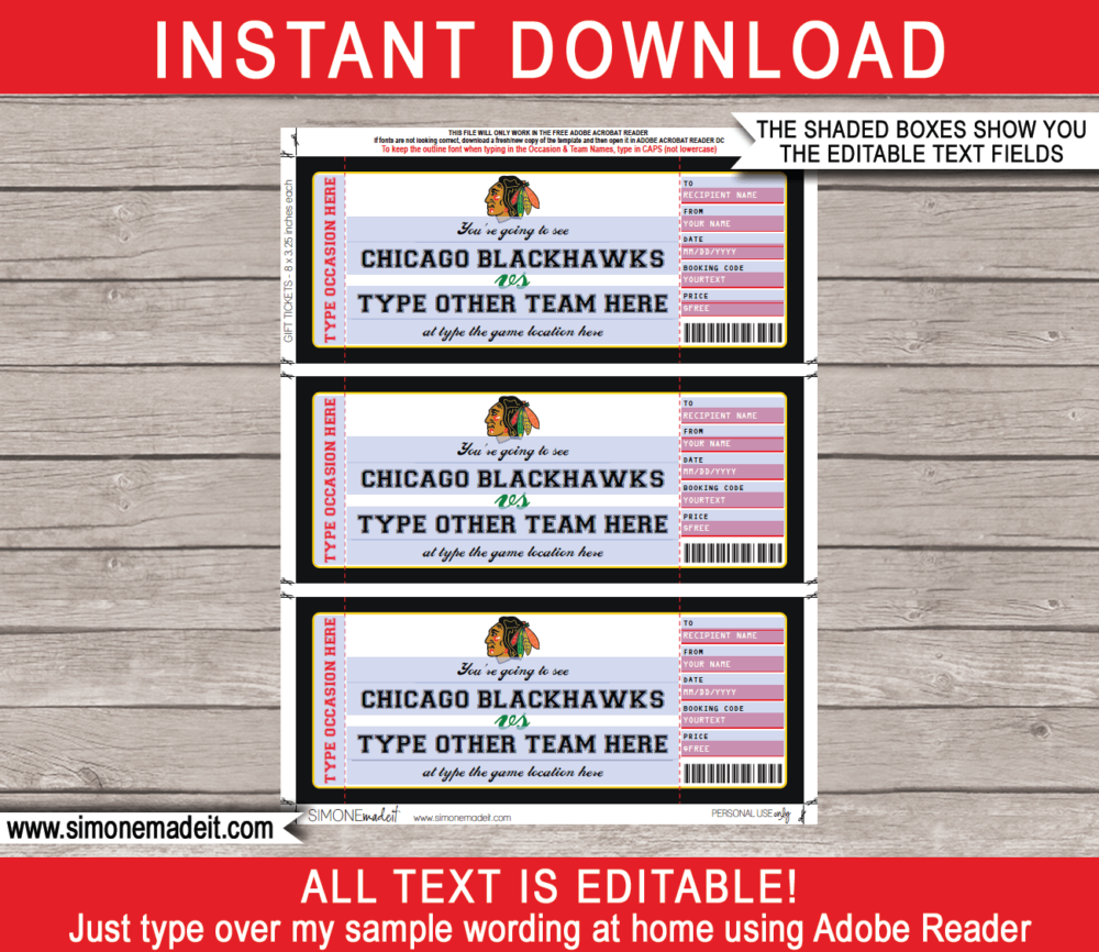 Printable Chicago Blackhawks Game Ticket Gift Voucher Template | Printable Surprise NHL Hockey Tickets | Editable Text | Gift Certificate | Birthday, Christmas, Anniversary, Retirement, Graduation, Mother's Day, Father's Day, Congratulations, Valentine's Day | INSTANT DOWNLOAD via giftsbysimonemadeit.com