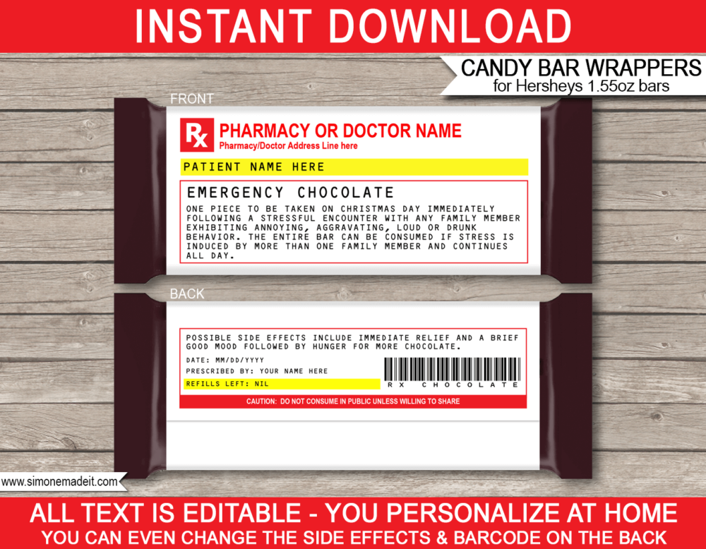 Printable Christmas Prescription Candy Bar Wrappers template Hersheys 1.55oz | Emergency Chocolate | Funny Gag Xmas Gift | Friend, Family, Office, Co-worker, Boss, Doctor, Nurse, Pharmacist, Medical Practical Joke | DIY Pretend Fake Pharmacy Rx Prescription Label | INSTANT DOWNLOAD via giftsbysimonemadeit.com