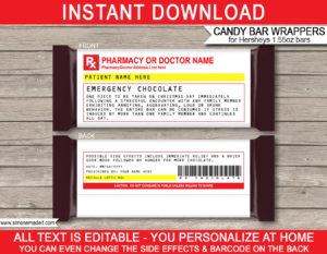 Printable Christmas Prescription Candy Bar Wrappers template Hersheys 1.55oz | Emergency Chocolate | Funny Gag Xmas Gift | Friend, Family, Office, Co-worker, Boss, Doctor, Nurse, Pharmacist, Medical Practical Joke | DIY Pretend Fake Pharmacy Rx Prescription Label | INSTANT DOWNLOAD via giftsbysimonemadeit.com