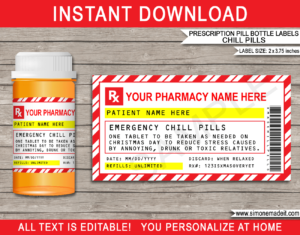 Christmas Chill Pills Prescription labels template Candy Cane pattern | Emergency Chill Pills 13 dram Pharmacy Vial | Funny Gag Xmas Gift | Friend, Family, Office, Co-worker, Boss, Doctor, Nurse, Pharmacist, Medical Practical Joke | Skittles, Jelly beans M&Ms, Candy Medicine | DIY Pretend Fake Pharmacy Rx Prescription Label | INSTANT DOWNLOAD via giftsbysimonemadeit.com
