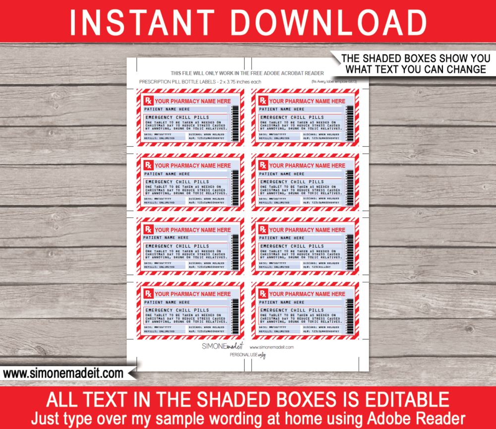 Christmas Chill Pills Prescription labels template Candy Cane pattern | Emergency Chill Pills 13 dram Pharmacy Vial | Funny Gag Xmas Gift | Friend, Family, Office, Co-worker, Boss, Doctor, Nurse, Pharmacist, Medical Practical Joke | Skittles, Jelly beans M&Ms, Candy Medicine | DIY Pretend Fake Pharmacy Rx Prescription Label | INSTANT DOWNLOAD via giftsbysimonemadeit.com