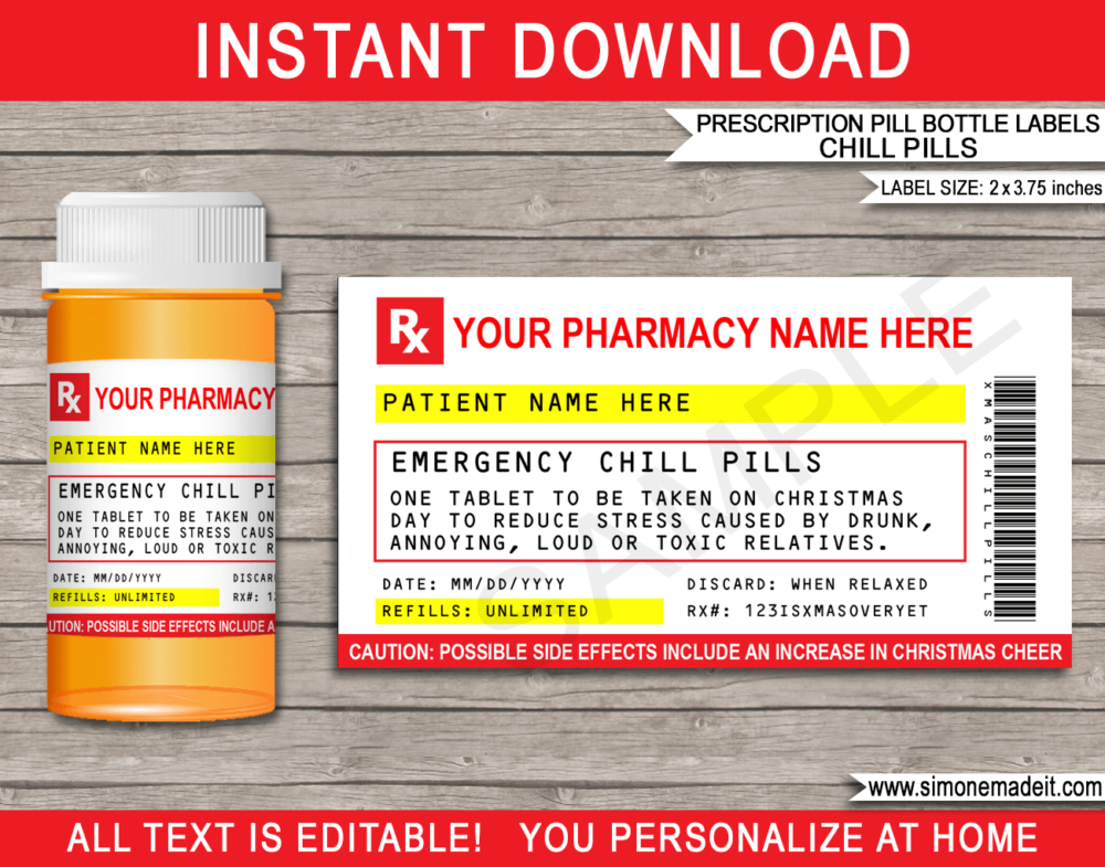 Printable Prescription Christmas Chill Pill labels Template | Emergency Chill Pills 13 dram Pharmacy Vial | Funny Gag Xmas Gift | Friend, Family, Office, Co-worker, Boss, Doctor, Nurse, Pharmacist, Medical Practical Joke | Skittles, Jelly beans M&Ms, Candy Medicine | DIY Pretend Fake Pharmacy Rx Prescription Label | INSTANT DOWNLOAD via giftsbysimonemadeit.com