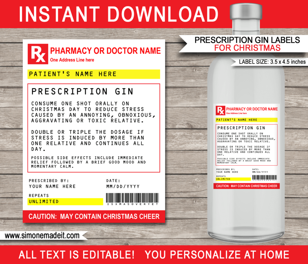 Printable Christmas Prescription Gin Labels Template | Emergency Gin | Funny Prank Gag Xmas Gift | Friend, Family, Office, Co-worker, Boss, Doctor, Nurse, Pharmacist, Medical Practical Joke | DIY Pretend Fake Pharmacy Rx Prescription Label | Secret Santa, Kris Kringle Last Minute Gift | INSTANT DOWNLOAD via giftsbysimonemadeit.com