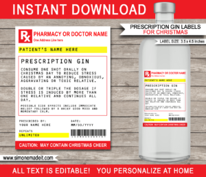 Printable Christmas Prescription Gin Labels Template | Emergency Gin | Funny Prank Gag Xmas Gift | Friend, Family, Office, Co-worker, Boss, Doctor, Nurse, Pharmacist, Medical Practical Joke | DIY Pretend Fake Pharmacy Rx Prescription Label | Secret Santa, Kris Kringle Last Minute Gift | INSTANT DOWNLOAD via giftsbysimonemadeit.com