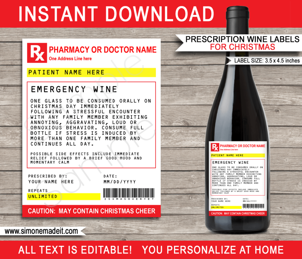 Printable Christmas Prescription Wine Labels Template | Emergency Wine | Funny Prank Gag Xmas Gift | Friend, Family, Office, Co-worker, Boss, Doctor, Nurse, Pharmacist, Medical Practical Joke | DIY Pretend Fake Pharmacy Rx Prescription Label | Secret Santa, Kris Kringle Last Minute Gift | INSTANT DOWNLOAD via giftsbysimonemadeit.com