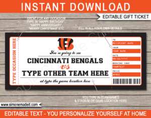Printable Cincinnati Bengals Game Ticket Gift Voucher Template | Surprise tickets to a Cincinnati Bengals Football Game | Editable Text | Gift Certificate | Birthday, Christmas, Anniversary, Retirement, Graduation, Mother's Day, Father's Day, Congratulations, Valentine's Day | INSTANT DOWNLOAD via giftsbysimonemadeit.com