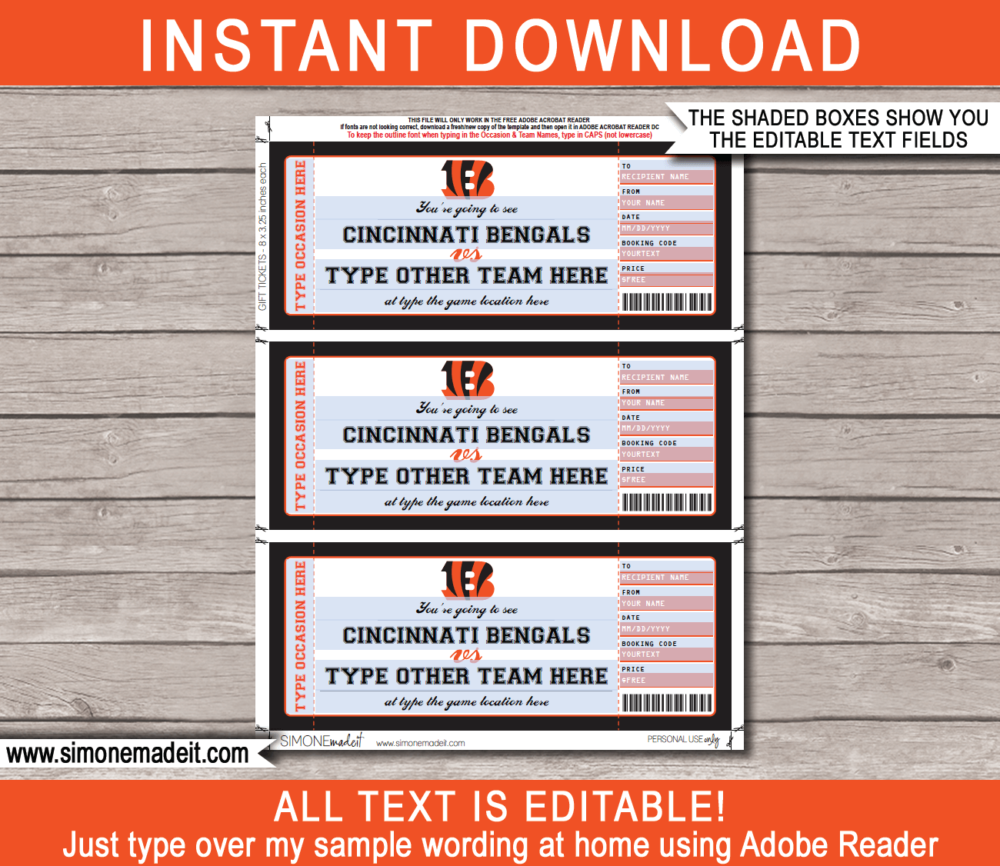 Printable Cincinnati Bengals Game Ticket Gift Voucher Template | Surprise tickets to a Cincinnati Bengals Football Game | Editable Text | Gift Certificate | Birthday, Christmas, Anniversary, Retirement, Graduation, Mother's Day, Father's Day, Congratulations, Valentine's Day | INSTANT DOWNLOAD via giftsbysimonemadeit.com