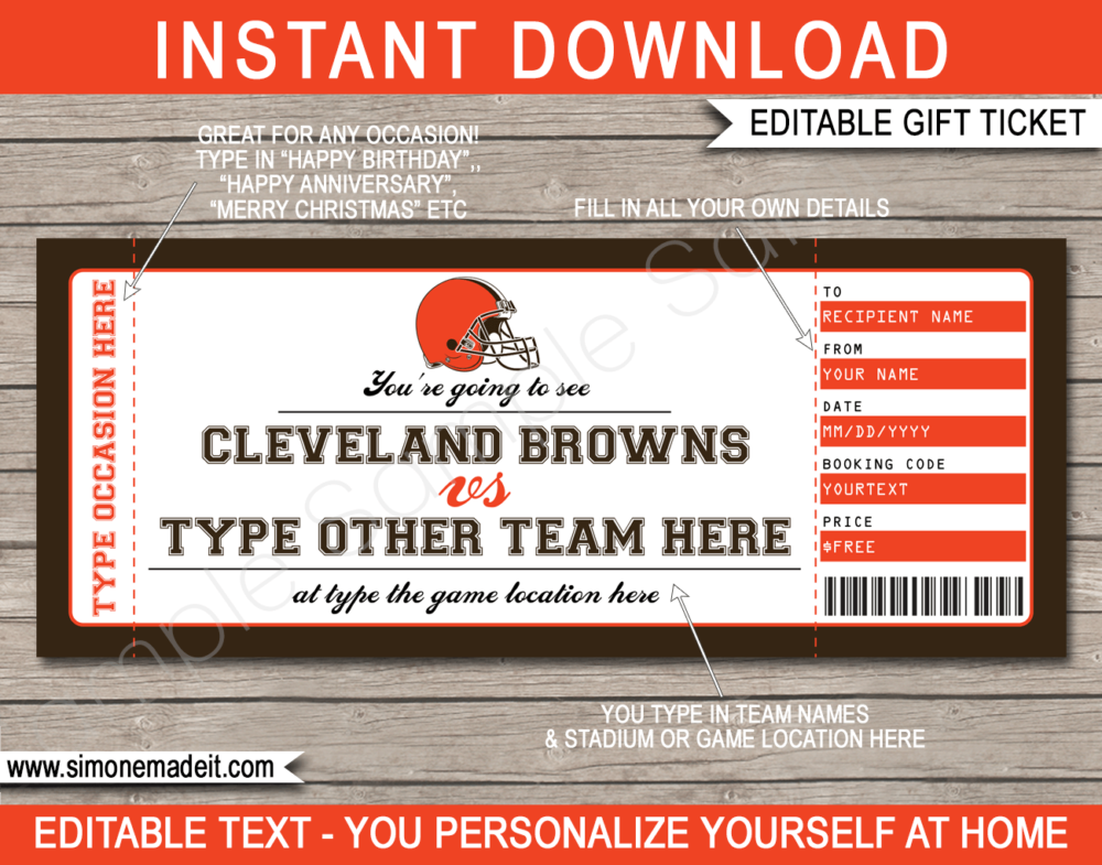 Printable Cleveland Browns Game Ticket Gift Voucher Template | Surprise tickets to a Cleveland Browns Football Game | Editable Text | Gift Certificate | Birthday, Christmas, Anniversary, Retirement, Graduation, Mother's Day, Father's Day, Congratulations, Valentine's Day | INSTANT DOWNLOAD via giftsbysimonemadeit.com
