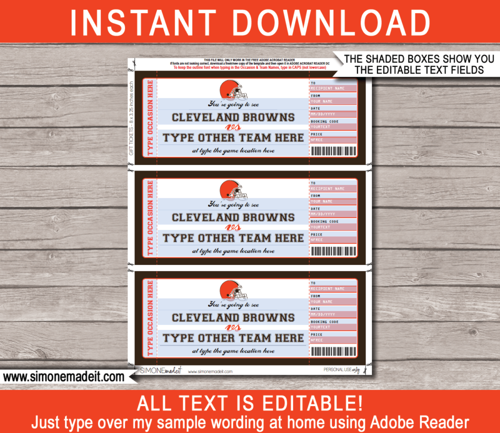 Printable Cleveland Browns Game Ticket Gift Voucher Template | Surprise tickets to a Cleveland Browns Football Game | Editable Text | Gift Certificate | Birthday, Christmas, Anniversary, Retirement, Graduation, Mother's Day, Father's Day, Congratulations, Valentine's Day | INSTANT DOWNLOAD via giftsbysimonemadeit.com