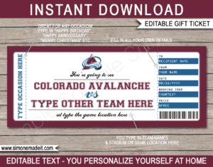 Printable Colorado Avalanche Game Ticket Gift Voucher Template | Printable Surprise NHL Hockey Tickets | Editable Text | Gift Certificate | Birthday, Christmas, Anniversary, Retirement, Graduation, Mother's Day, Father's Day, Congratulations, Valentine's Day | INSTANT DOWNLOAD via giftsbysimonemadeit.com