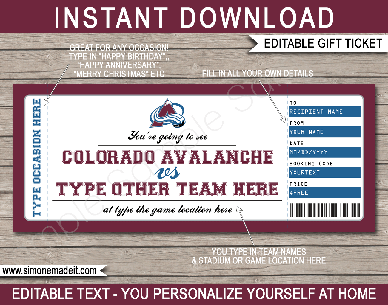 Colorado Avalanche Game Ticket Gift 