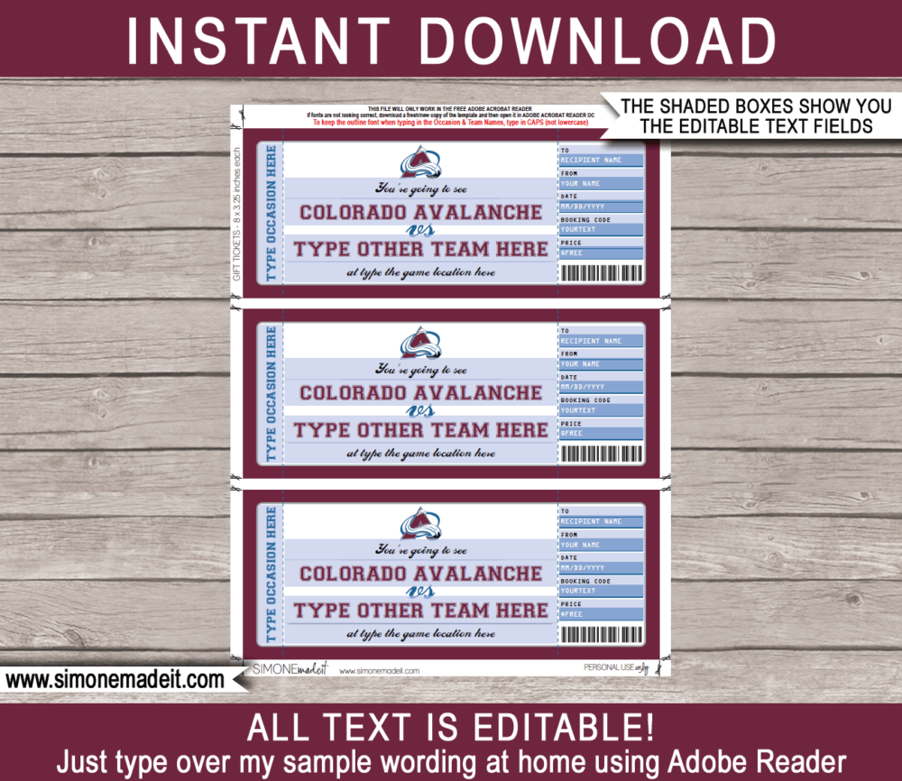 Printable Colorado Avalanche Game Ticket Gift Voucher Template | Printable Surprise NHL Hockey Tickets | Editable Text | Gift Certificate | Birthday, Christmas, Anniversary, Retirement, Graduation, Mother's Day, Father's Day, Congratulations, Valentine's Day | INSTANT DOWNLOAD via giftsbysimonemadeit.com