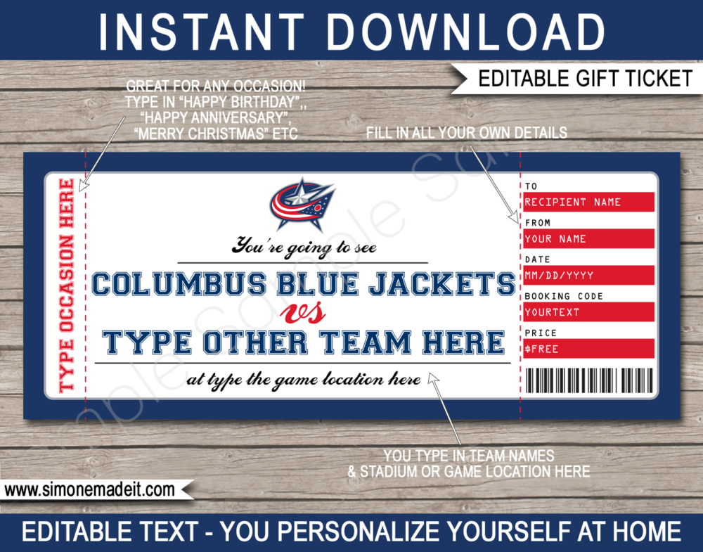 Printable Columbus Blue Jackets Game Ticket Gift Voucher Template | Printable Surprise NHL Hockey Tickets | Editable Text | Gift Certificate | Birthday, Christmas, Anniversary, Retirement, Graduation, Mother's Day, Father's Day, Congratulations, Valentine's Day | INSTANT DOWNLOAD via giftsbysimonemadeit.com