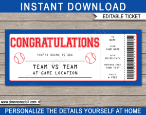 Baseball Game Ticket Congratulations Gift Voucher Template - Surprise tickets to a Baseball Game - Gift Certificate - DIY Editable & Printable Template | INSTANT DOWNLOAD via giftsbysimonemadeit.com #baseballgifttickets #lastminutegift #ticketottheballgame