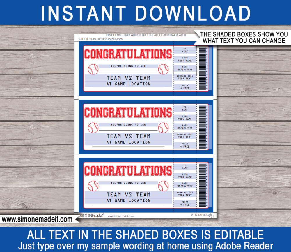 Baseball Game Ticket Congratulations Gift Voucher Template - Surprise tickets to a Baseball Game - Gift Certificate - DIY Editable & Printable Template | INSTANT DOWNLOAD via giftsbysimonemadeit.com #baseballgifttickets #lastminutegift #ticketottheballgame