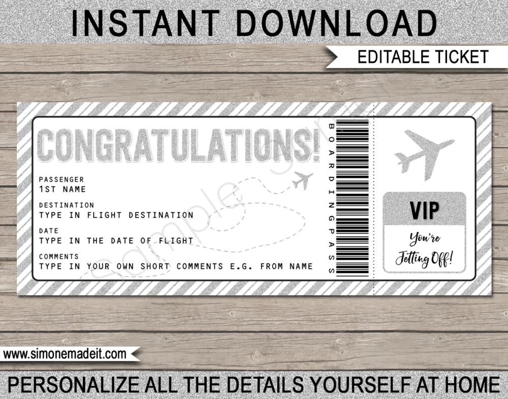 Printable Congratulations Gift Boarding Pass Template | Surprise Trip Reveal, Flight, Getaway, Holiday, Vacation | Faux Fake Plane Boarding Pass | Travel Ticket | DIY Editable Template | Instant Download via giftsbysimonemadeit.com