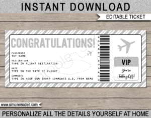 Printable Congratulations Gift Boarding Pass Template | Surprise Trip Reveal, Flight, Getaway, Holiday, Vacation | Faux Fake Plane Boarding Pass | Travel Ticket | DIY Editable Template | Instant Download via giftsbysimonemadeit.com