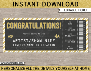 Printable Congratulations Concert Ticket Template - Surprise Tickets to a Concert | Chalkboard & Gold Glitter | Editable & Printable DIY Gift Voucher | Last Minute Gift | Concert, Show, Performance, Band, Artist, Music Festival | Instant Download via giftsbysimonemadeit.com