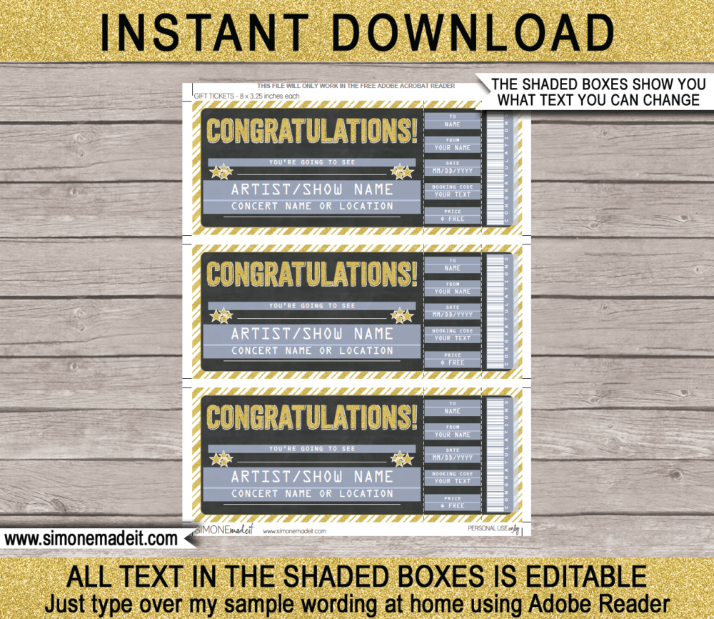 Printable Congratulations Concert Ticket Template - Surprise Tickets to a Concert | Chalkboard & Gold Glitter | Editable & Printable DIY Gift Voucher | Last Minute Gift | Concert, Show, Performance, Band, Artist, Music Festival | Instant Download via giftsbysimonemadeit.com