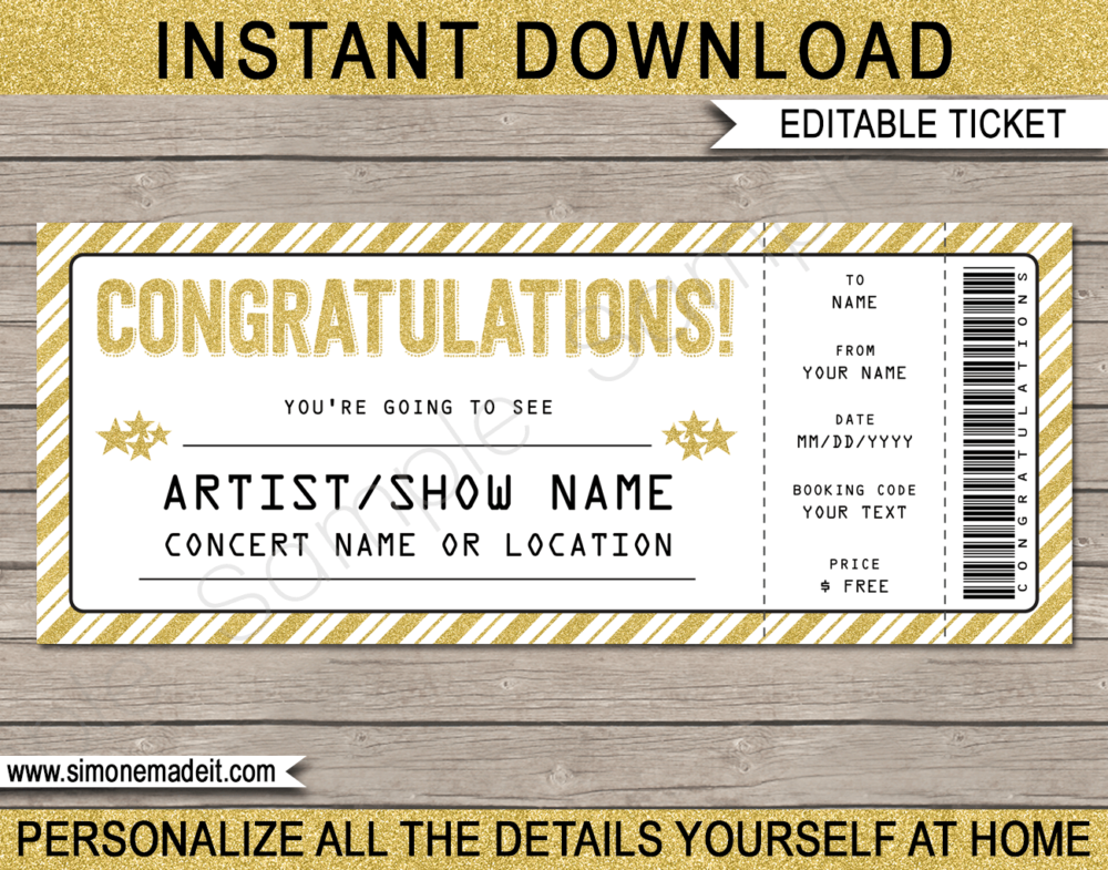 Printable Congratulations Concert Ticket Template - Surprise Tickets to a Concert | Gold Glitter | Editable & Printable DIY Gift Voucher | Last Minute Gift | Concert, Show, Performance, Band, Artist, Music Festival | Instant Download via giftsbysimonemadeit.com