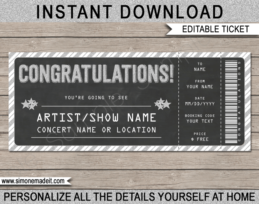 Printable Congratulations Concert Ticket Template - Surprise Tickets to a Concert | Chalkboard & Silver Glitter | Editable & Printable DIY Gift Voucher | Last Minute Gift | Concert, Show, Performance, Band, Artist, Music Festival | Instant Download via giftsbysimonemadeit.com