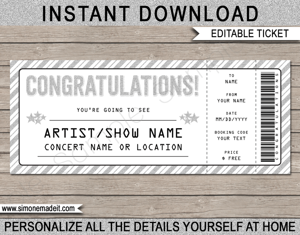 Printable Congratulations Concert Ticket Template - Surprise Tickets to a Concert | Silver Glitter | Editable & Printable DIY Gift Voucher | Last Minute Gift | Concert, Show, Performance, Band, Artist, Music Festival | Instant Download via giftsbysimonemadeit.com