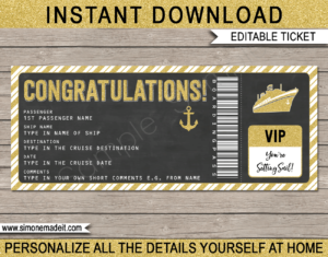 Printable Surprise Congratulations Cruise Ticket Boarding Pass Gift Template | Gold Glitter & Chalkboard | Editable Gift Voucher | Surprise Cruise Reveal | INSTANT DOWNLOAD via giftsbysimonemadeit.com