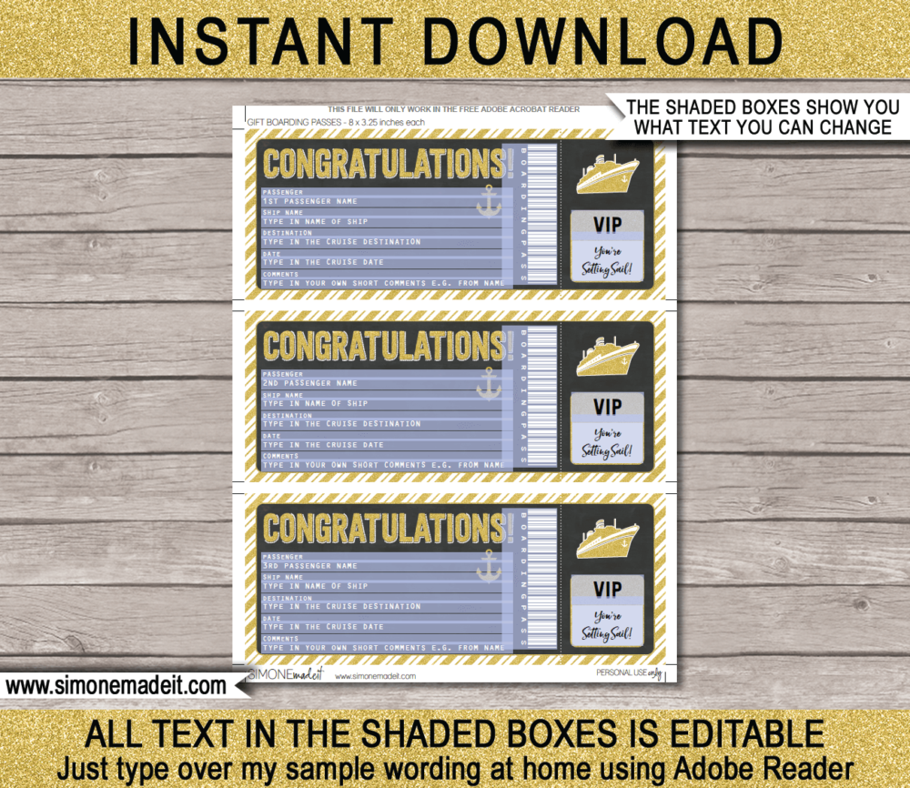 Printable Surprise Congratulations Cruise Ticket Boarding Pass Gift Template | Gold Glitter & Chalkboard | Editable Gift Voucher | Surprise Cruise Reveal | INSTANT DOWNLOAD via giftsbysimonemadeit.com